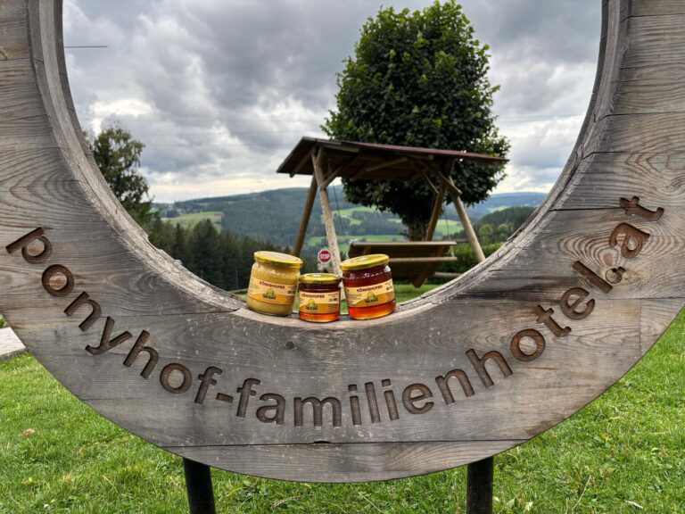 Drei Gläser mit Ponyhof-Honig auf einer Holzskulptur mit der Inschrift „ponyhof-familienhotel.at“ – im Hintergrund eine Hügellandschaft in der Steiermark.
